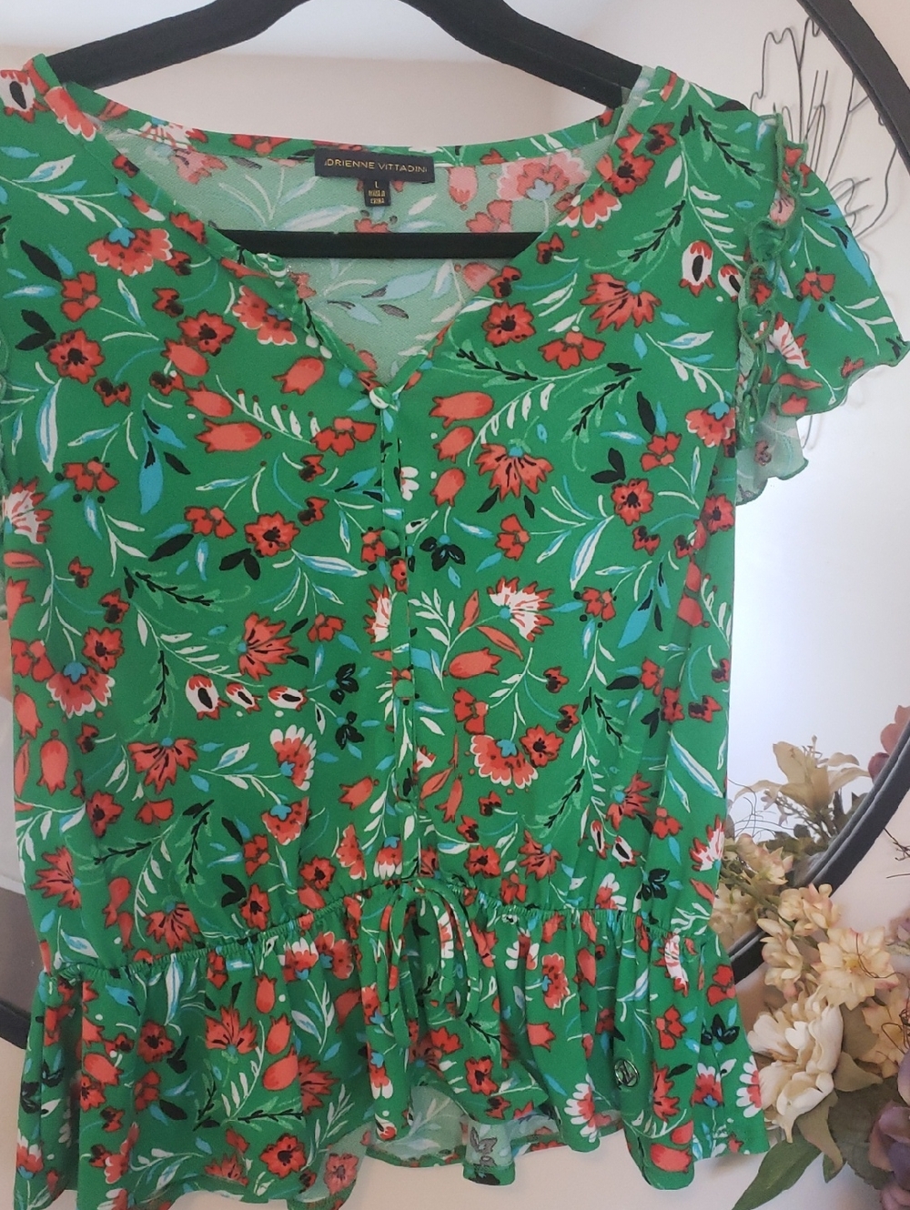 Adrienne Vittadini Green Floral Peplum Blouse